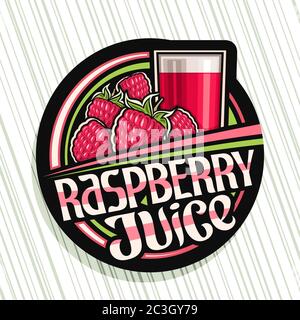 Vektor-Logo für Himbeersaft, dunkle dekorative Etikett mit Illustration von Beerengetränk im Glas, Haufen von Cartoon Himbeeren, Obst-Konzept mit uniq Stock Vektor