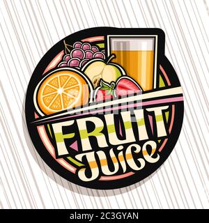 Vektor-Logo für Fruchtsaft, dunkles Dekoretikett mit Illustration von Getränk in Glas, halbe Orange, Erdbeeren, Apfel und Traube, Multifruit-Konzept Stock Vektor