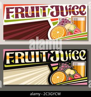 Vector Banner für Fruchtsaft, horizontale Layouts mit Illustration von Getränk in Glas, halb Orange, geschnitten Erdbeeren, Apfel und Trauben, Multifruit con Stock Vektor