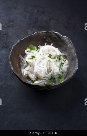 Traditionelle peruanische Gourmet-Ceviche sehen Sie Bass-Filetstück mit Zwiebelringen und Koriander in Limettensaft als Nahaufnahme in einer modernen de Stockfoto