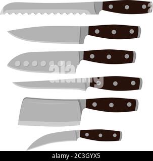 Ein Satz verschiedener Küchenmesser. Vektor-Illustration zum Thema Besteck und Küchenutensilien auf weißem Hintergrund. Stock Vektor
