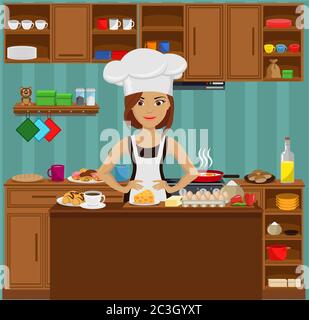 Nettes Mädchen kochen Vorbereitung Mittagessen in der Küche. Vektorgrafik zum Thema Interieur und Kochen. Bleib zu Hause. Stock Vektor