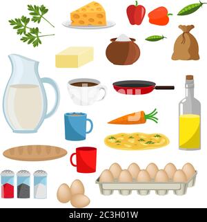 Ein großes Set an Speisen und Geschirr. Vektorgrafik auf weißem Hintergrund. Stock Vektor