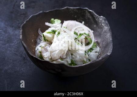 Traditionelle peruanische Gourmet-Ceviche sehen Sie Bass-Filetstück mit Zwiebelringen und Koriander in Limettensaft als Nahaufnahme in einer modernen de Stockfoto