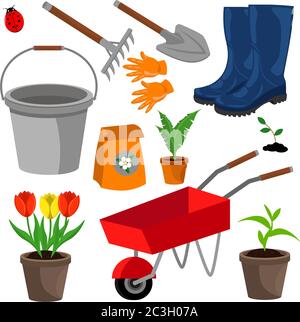 Gärtner-Kit: Rechen, Pitchfork, Eimer, Schaufel, Setzlinge auf weißem isolierten Hintergrund. Vektorzeichnung zum Thema Gartenarbeit. Stock Vektor