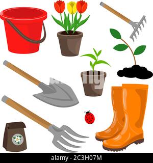 Gärtner-Kit: Rechen, Pitchfork, Eimer, Schaufel, Setzlinge auf weißem isolierten Hintergrund. Vektorzeichnung zum Thema Gartenarbeit. Stock Vektor