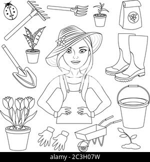 Malbuch für Erwachsene und Kinder zum Thema Gartenarbeit. Vektordarstellung auf weißem, isoliertem Hintergrund. Stock Vektor