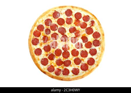 Frische italienische Klassiker original Pepperoni Pizza auf weißem Hintergrund Stockfoto