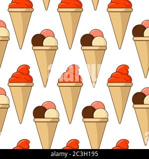 Nahtloses Eismuster in Waffelmuscheln mit Zapfen. Vektor-Illustration zum Thema Essen. Stock Vektor