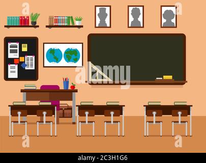 Schule Klassenzimmer mit schiefertafel und Schreibtische. Klassenzimmer für das Lernen, Vektor, Abbildung. Stock Vektor