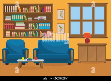 Vektor-Illustration eines Wohnzimmers mit einem Sessel, einem Bücherregal, einem Nachttisch und einem Fenster. Stock Vektor