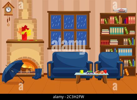 Gemütliches warmes Zimmer mit Kamin Herbsttag. Vektor-Illustration von Innenmöbeln mit Regenschirm, Stiefel und Strauß von Herbstblättern. Stock Vektor
