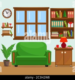 Vektor-Illustration mit Sofa, Bücherregal, Fenster und Lampe. Das Innere des Wohnzimmers. Stock Vektor