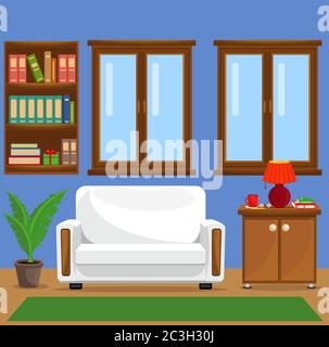 Vektor-Illustration mit Sofa, Bücherregal, Fenster und Lampe. Das Innere des Wohnzimmers. Stock Vektor