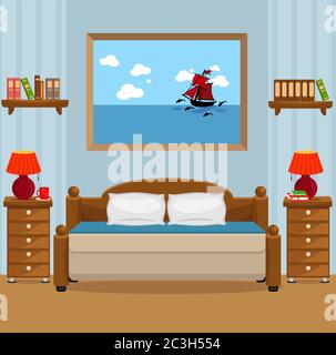 Gemütliches Schlafzimmer mit einem großen Doppelbett, Nachttischen und Nachtlicht. Vektorgrafik zum Thema Innenarchitektur. Stock Vektor