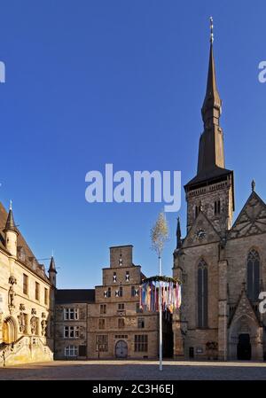 Rathaus, Stadtwaage und St. Marien Kirche, Markt, Osnabrück, Niedersachsen, Deutschland, Europa Stockfoto