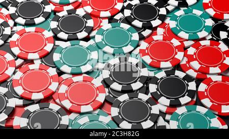 Vollbild von Casino Poker Chips von oben. 3D-Rendering Stockfoto