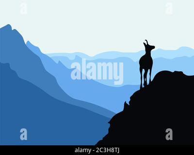 Auf einem Hügel mit Bergen im Hintergrund steht eine Gesimse. Schwarze Silhouette mit blauem Hintergrund. Abbildung. Stockfoto