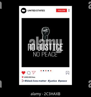 Zeichnung des Rahmens für soziale Netzwerke auf schwarzem Hintergrund. Es gibt keine Gerechtigkeit, keinen Frieden innerhalb des sozialen Netzwerkrahmens. Schwarze Leben sind wichtig. Stock Vektor