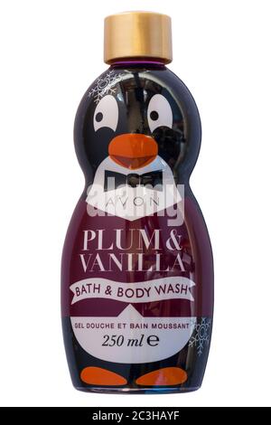 Avon Plum & Vanilla Bad & Body Wash in Neuheit Flasche isoliert auf weißem Hintergrund Stockfoto