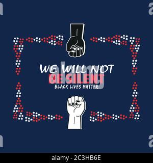 Wir werden nicht in Weiß auf blauem Hintergrund schweigen. Sterndekorationen in rechteckiger Form und rot, weiß. Schwarz-weiße Handzeichnungen. Stock Vektor