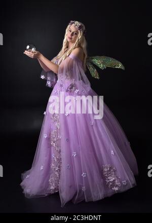 Portrait einer schönen blonden Fee trägt lila Fantasy-Kleid mit Flügeln. In voller Länge stehende Pose, isoliert vor einem Studio-Hintergrund. Stockfoto