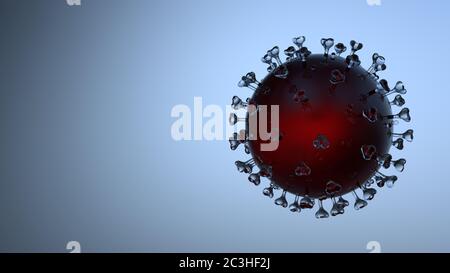 Covid-19 Coronavirus Molekül mit einem roten Kern und transparenten Elementen. Banner mit Copyspace. 3D-Rendering Stockfoto