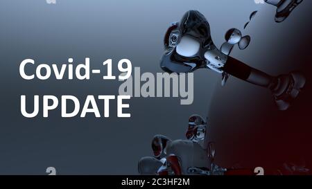 Ein 2019-NCoV-Coronavirus-Molekül mit einem roten Kern aus der Nähe. Banner mit Covid-19-Update. 3D-Rendering Stockfoto