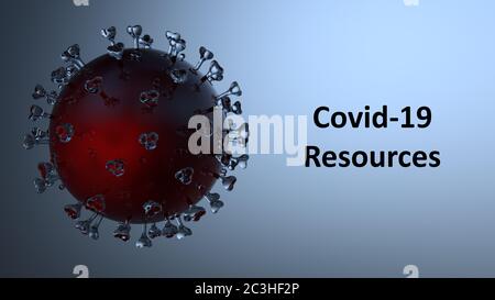 Ein SARS-Cov-2-Coronavirus-Molekül mit einem roten Kern und transparenten Elementen. Banner mit Covid-19-Ressourcen. 3D-Rendering Stockfoto