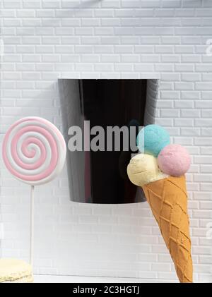 Festlicher Eiskegel mit verschiedenen Geschmacksrichtungen von Eis und einem Lutscher vor einem schwarzen Behälter, der auf einer weißen Ziegelwand mit Copyspace montiert ist Stockfoto