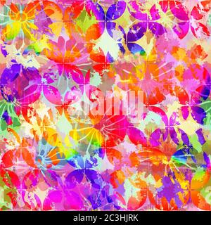Nahtlose lebendige Regenbogen bemalt Blume Textur. Bold Grundfarbe künstlerischen floralen Blüte Hintergrund. Gewaschenes, unperfektes Pinselmuster. Funky col Stockfoto