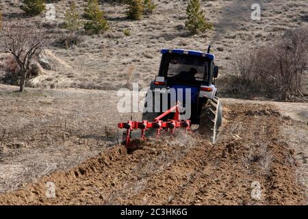 Traktor auf dem Feld Stockfoto