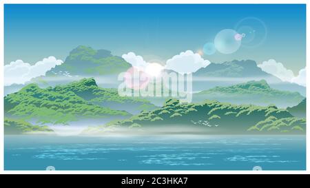 Vektorgrafik zum Thema Hochland und schöne Landschaften. Nahtlose horizontale Darstellung. Stock Vektor