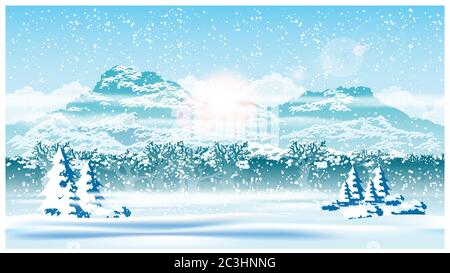 Stilisierte Vektordarstellung des Rändern eines Winterwaldes bei Schneefall. Darstellung nahtlos horizontal Stock Vektor