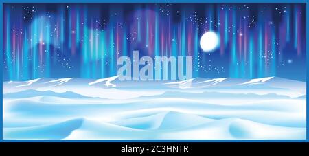 Stilisierte Vektorgrafik zum Thema Winter und Norden. Grenzenlose Nordlandschaften im Licht von Mond und Sternen. Veranschaulichung: Naht Stock Vektor