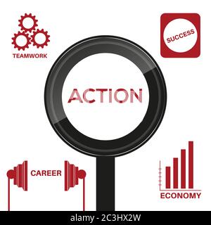 Vektorielle Darstellung der Aktion in schwarzer Lupe auf weißem Hintergrund. Es gibt Symbole für Wirtschaft, Karriere, Teamarbeit und Erfolg. Stock Vektor