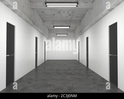 Bürolobby mit vielen identischen geschlossenen schwarzen Türen und einer leeren weißen Wand. Korridor innen im Loft-Stil. 3D-Rendering mit Kopierbereich. Modell Stockfoto