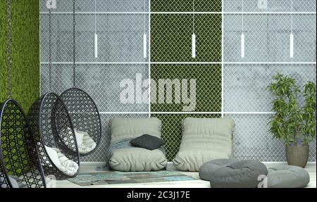 Erholungsgebiet innen eines öffentlichen Gebäudes. Zimmergestaltung im Loft-Stil mit Schaukeln, Puffs, Kissen und Polstermöbeln. 3D-Rendering. Stockfoto