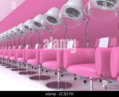 Ähnliche stehen Haartrockner mit Sesseln im Inneren eines Schönheitssalons in pastellrosa Farben. Weibliche Friseur Innenarchitektur. 3D-Rendering Abb. Stockfoto