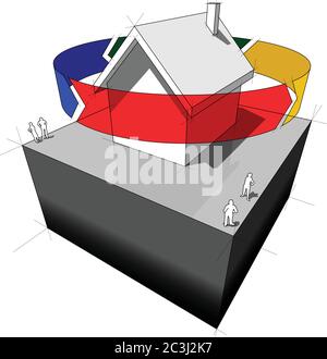 Diagramm eines Hauses mit 4 rotierenden Pfeilen – sie symbolisieren grüne ökologische Energie oder alternative Energie Stock Vektor