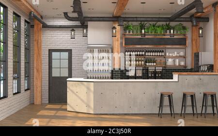 Das Innere eines Cafés mit einer Theke. Unscharfer Hintergrund und Tabellenfläche im Vordergrund. 3D-Rendering. Stockfoto