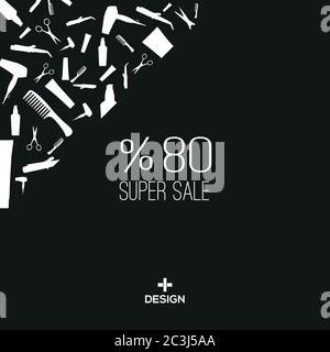 Haartrockner, Kamm, Haarglättungsmaschine, Creme, Haarpflegeöl, Schere. Design von 80% Werbeplakat auf schwarzem, weißem Hintergrund für Schönheit. Stock Vektor