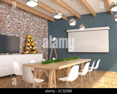 Ein Tagungsraum mit einer leeren weißen Leinwand für den Projektor an der Wand. Das Innere des Konferenzsaals im Loft-Stil. 3D-Visualisierung. Stockfoto