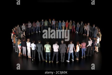 Eine Gruppe von verschiedenen Menschen steht in einem Kreis isoliert auf einem schwarzen Hintergrund. Ein gesellschaftliches Ereignis oder ein öffentliches Treffen mit einer leeren Bühne für eine Performance. Stockfoto