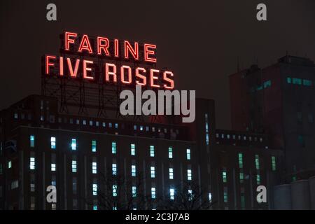 MONTREAL KANADA - Januar 25 2015: Das Wahrzeichen Farine fünf Rosen Gebäude und rote Neon-Schild in der Nacht. Das blinkende Schild hat die Stadt sinc beleuchtet Stockfoto