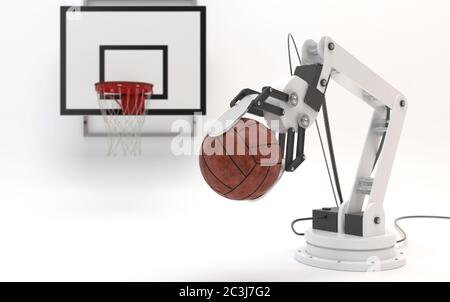 Industrieroboter auf weißem Hintergrund. Roboterhand hält einen Ball auf dem Hintergrund eines Basketball-Backboards. Konzeptuelles kreatives Bild von Künstlichem Stockfoto