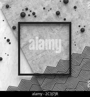 Ein quadratischer Rahmen auf Marmorstein und grauer Betonoberfläche mit einem dreieckigen Muster. Speicherplatz kopieren. Abstrakte geometrische Komposition. 3D-Rendering. Stockfoto