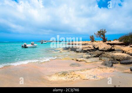 Elafonisi Strand, der erstaunliche rosa Strand von Kreta, der als einer der schönsten Strände nicht nur in Europa, sondern auch in der Welt gewählt wurde. Stockfoto