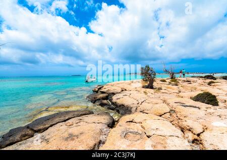 Elafonisi Strand, der erstaunliche rosa Strand von Kreta, der als einer der schönsten Strände nicht nur in Europa, sondern auch in der Welt gewählt wurde. Stockfoto