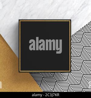Ein quadratischer Rahmen auf weißem Marmorstein und Gold Oberfläche mit einem Zickzack-Muster auf schwarzem Hintergrund. Speicherplatz kopieren. Abstrakte geometrische Komposition. 3D Stockfoto
